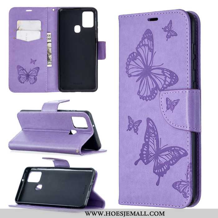 Hoes Samsung Galaxy A21s Leren Hoesje Vlinder Clamshell Ster All Inclusive Purper Anti-fall