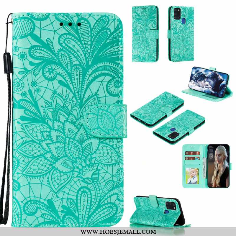 Hoesje Samsung Galaxy A21s Kant Leren All Inclusive Bloemen Ster Mobiele Telefoon Groen