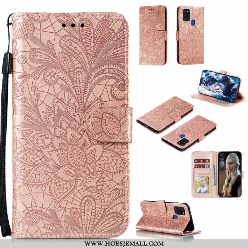 Hoesje Samsung Galaxy A21s Kant Leren All Inclusive Bloemen Ster Mobiele Telefoon Groen