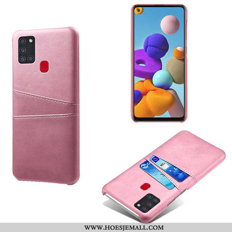 Hoes Samsung Galaxy A21s Persoonlijk Leer Hoesje Koe Mini Ster Kaart Roze