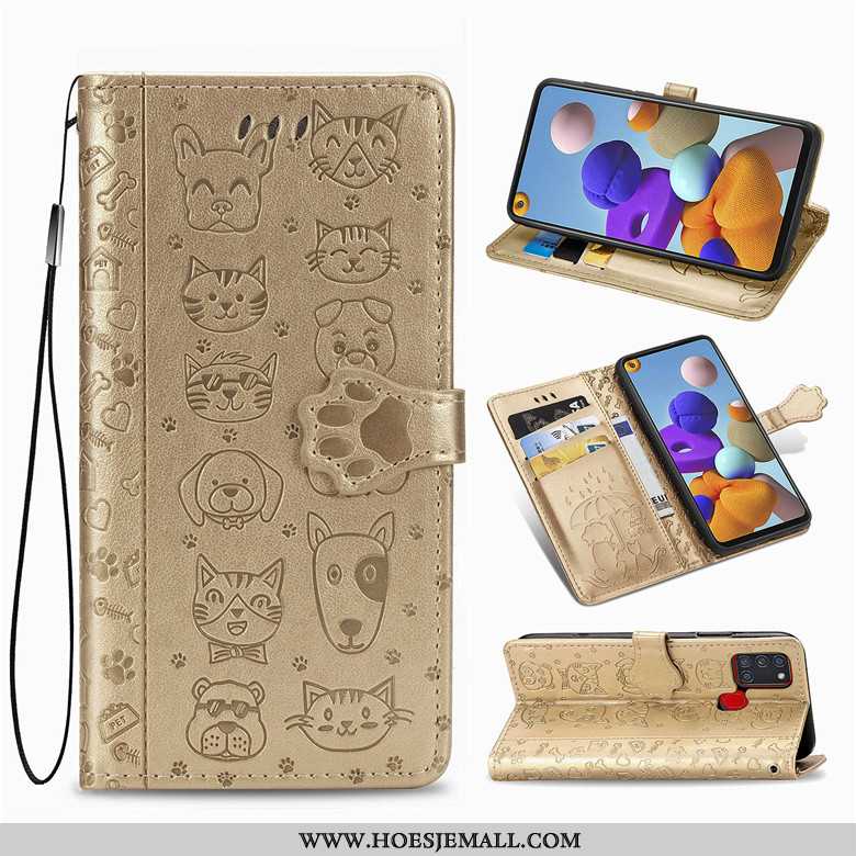 Hoesje Samsung Galaxy A21s Spotprent Bescherming Goud Folio Hond Kat Anti-fall Gouden