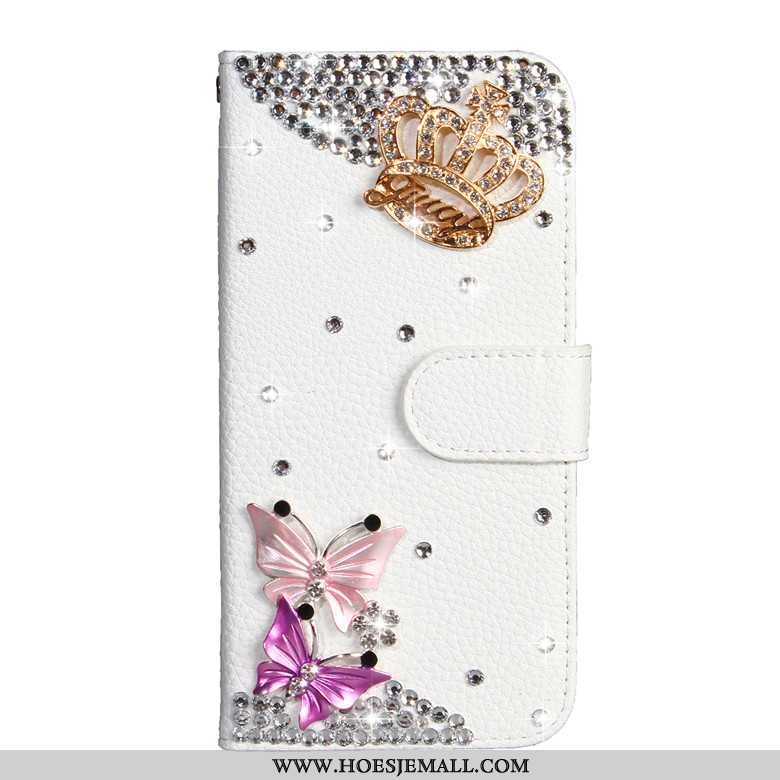 Hoes Samsung Galaxy A50s Bescherming Met Strass Ster Leren Hoesje Vlinder Bloemen Wit Witte