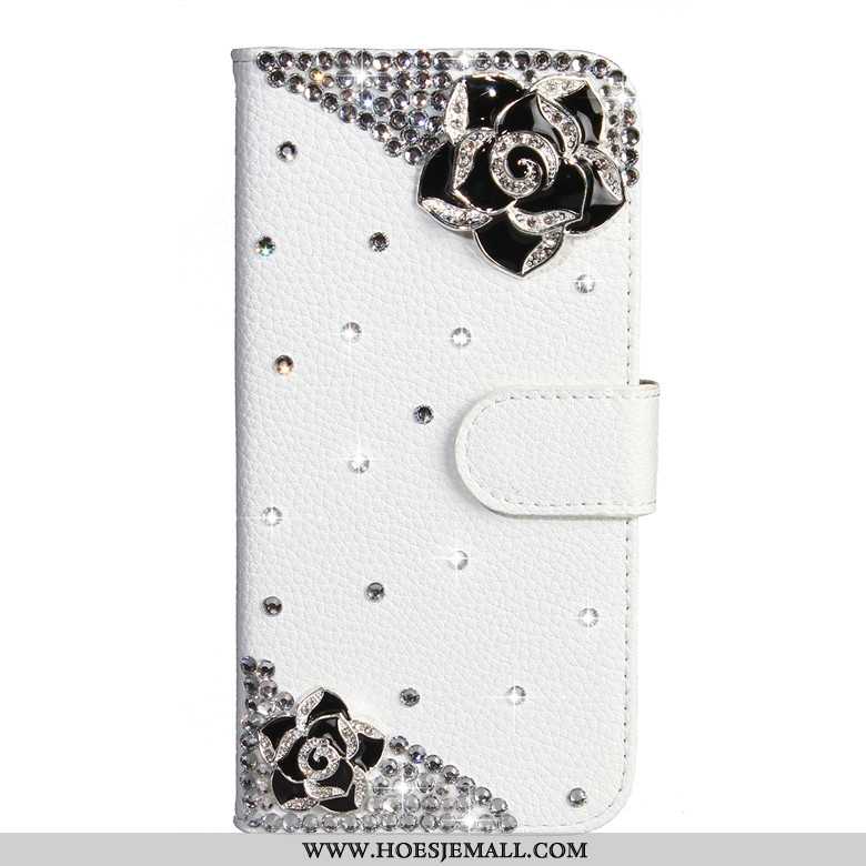 Hoes Samsung Galaxy A50s Bescherming Met Strass Ster Leren Hoesje Vlinder Bloemen Wit Witte