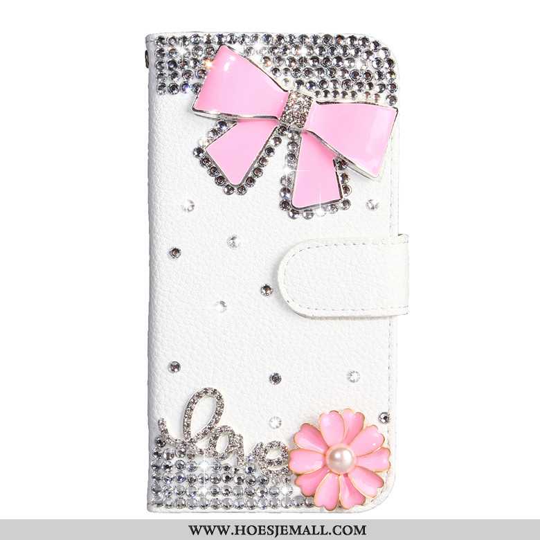 Hoes Samsung Galaxy A50s Bescherming Met Strass Ster Leren Hoesje Vlinder Bloemen Wit Witte