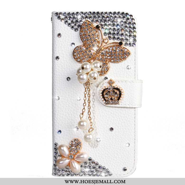 Hoes Samsung Galaxy A50s Bescherming Met Strass Ster Leren Hoesje Vlinder Bloemen Wit Witte