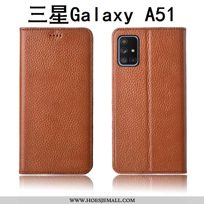 Hoesje Samsung Galaxy A51 Leren Schrobben Clamshell Anti-fall Khaki Echt Leer Siliconen