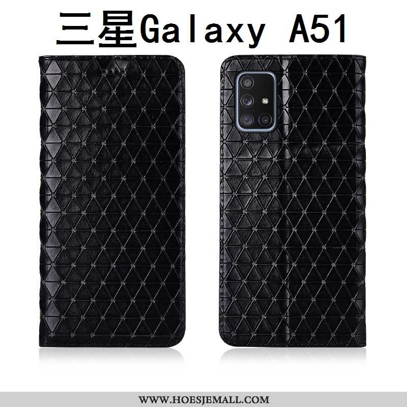 Hoes Samsung Galaxy A51 Schrobben Echt Leer Geruit Nieuw Zwart Clamshell Bescherming Zwarte