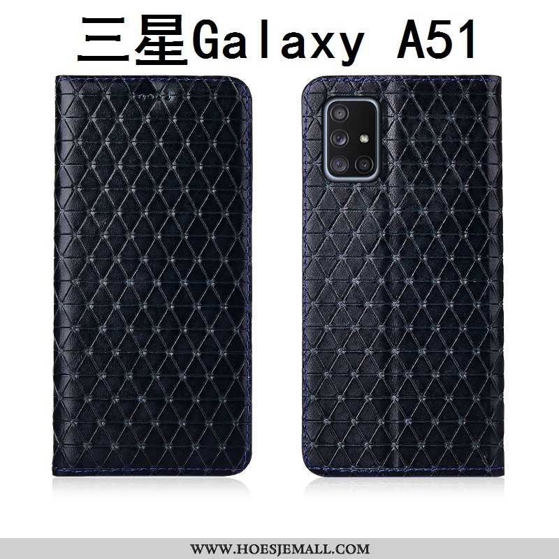 Hoes Samsung Galaxy A51 Schrobben Echt Leer Geruit Nieuw Zwart Clamshell Bescherming Zwarte