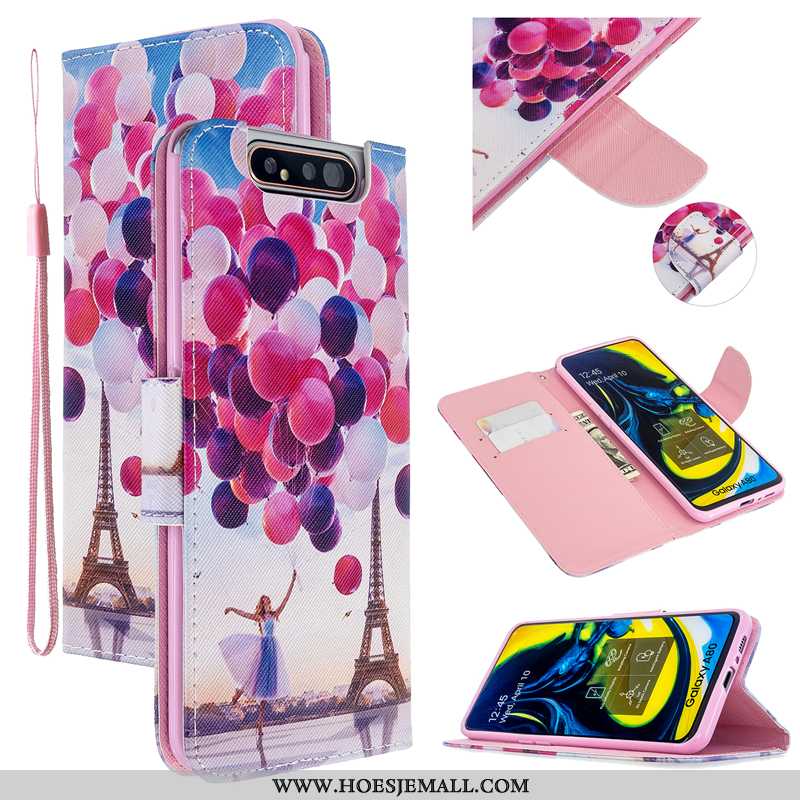 Hoes Samsung Galaxy A80 Bescherming Leren Hoesje Mobiele Telefoon Folio Roze Ster