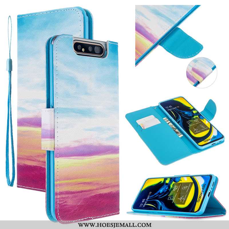 Hoes Samsung Galaxy A80 Bescherming Leren Hoesje Mobiele Telefoon Folio Roze Ster