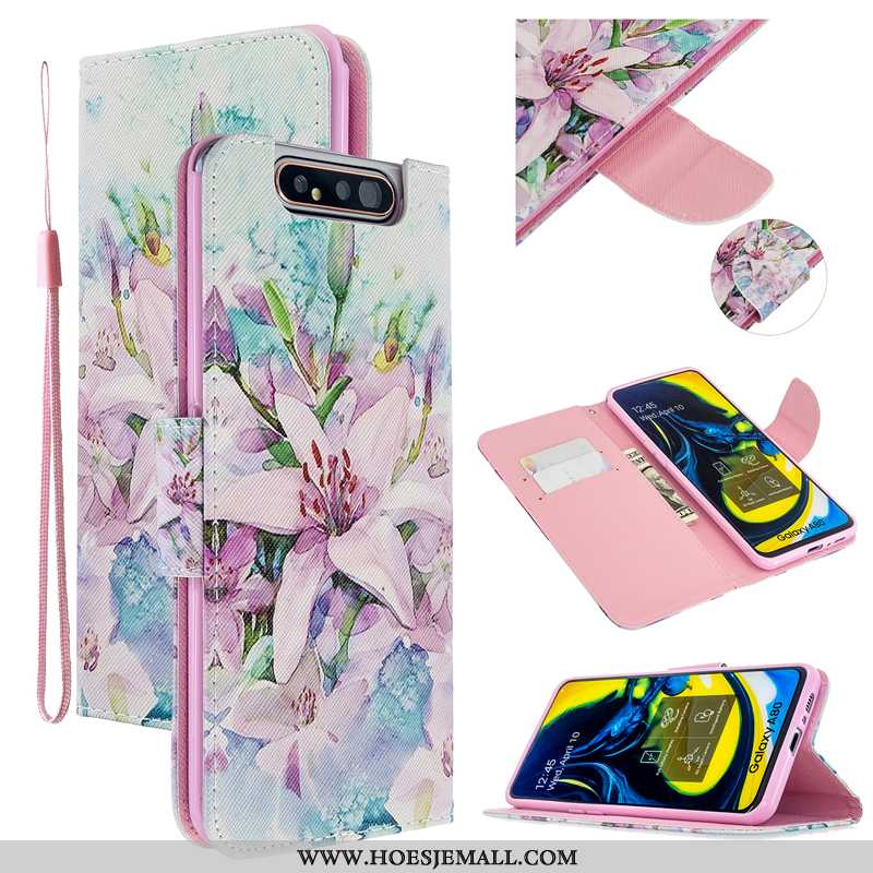 Hoes Samsung Galaxy A80 Bescherming Leren Hoesje Mobiele Telefoon Folio Roze Ster