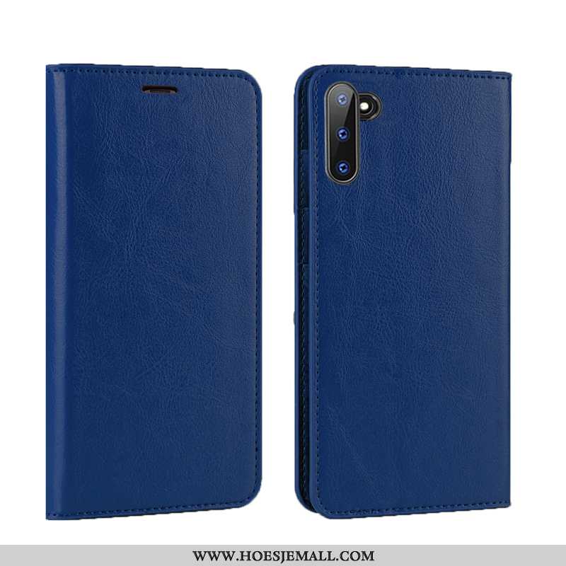Hoesje Samsung Galaxy Note 10 Echt Leer Leer Anti-fall Kwaliteit Ster Koe Donkerblauw Donkerblauwe