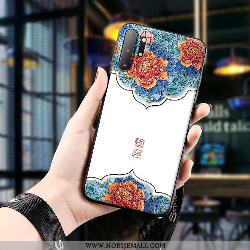 Hoes Samsung Galaxy Note 10+ Siliconen Bescherming Hoesje Chinese Stijl Reliëf Vintage Wit Witte