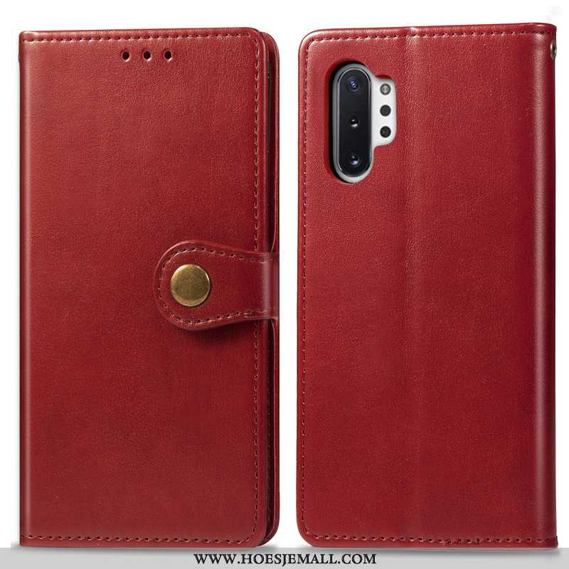 Hoes Samsung Galaxy Note 10+ Leren Hoesje Hanger Folio Bescherming Mobiele Telefoon Eenvoudige Rood