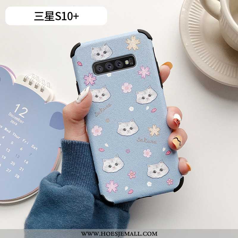 Hoesje Samsung Galaxy S10+ Siliconen Bescherming Zijde Zacht Kat Leren Mooie Blauwe