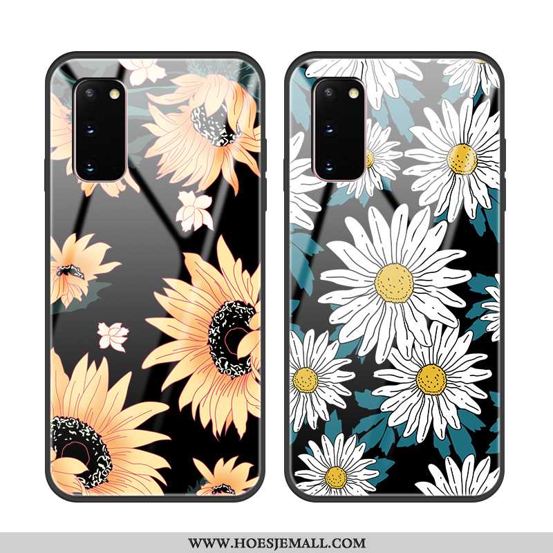 Hoesje Samsung Galaxy S20 Glas Bescherming Spiegel Bloemen Hard Zonnebloem Zwart Zwarte