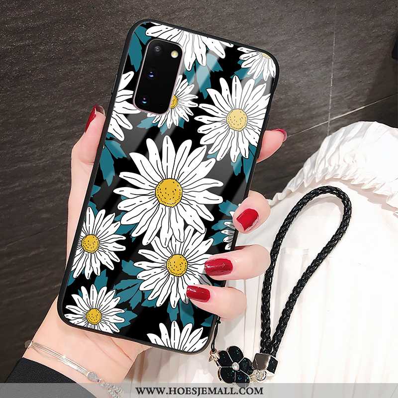 Hoesje Samsung Galaxy S20 Glas Bescherming Spiegel Bloemen Hard Zonnebloem Zwart Zwarte