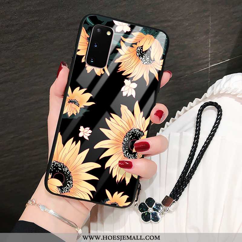 Hoesje Samsung Galaxy S20 Glas Bescherming Spiegel Bloemen Hard Zonnebloem Zwart Zwarte