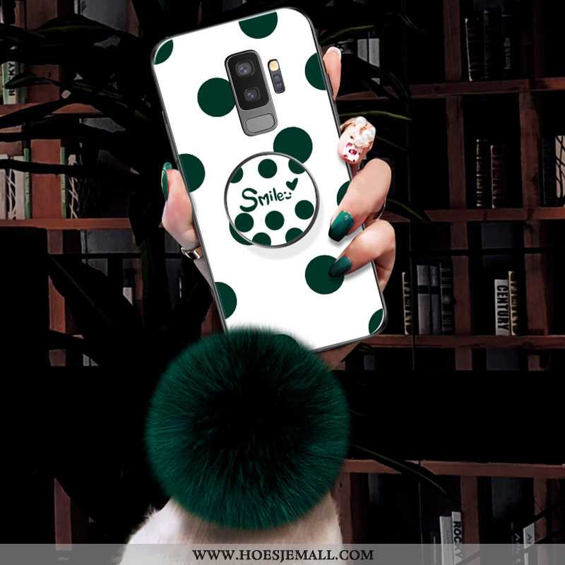 Hoes Samsung Galaxy S9+ Vintage Glas Hoesje Nieuw Pluche Pompom Groen