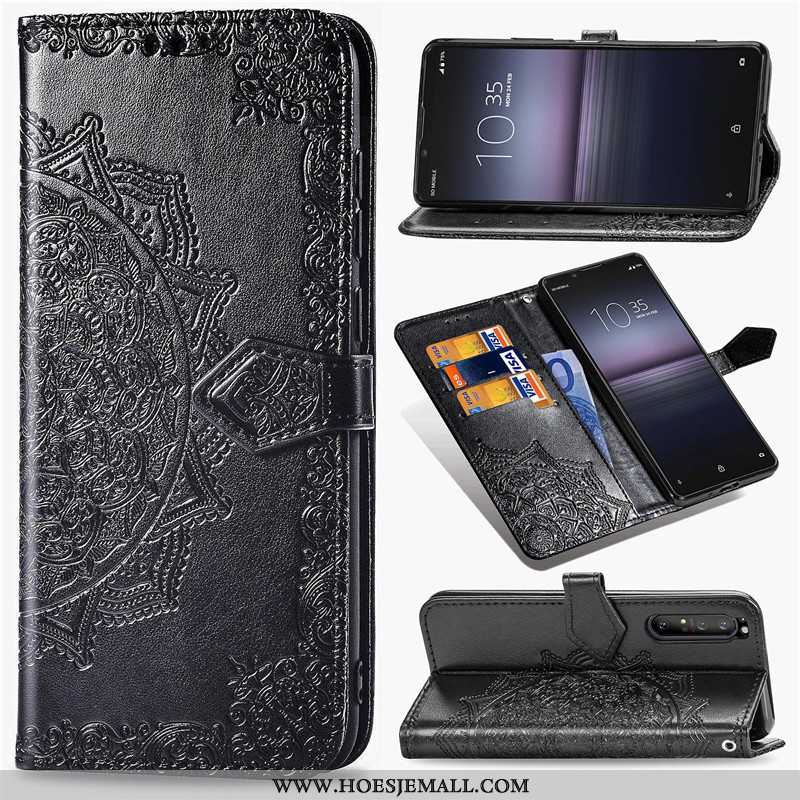 Hoesje Sony Xperia 1 Ii Leer Bescherming Mobiele Telefoon Effen Kleur Hanger Leren Zwarte