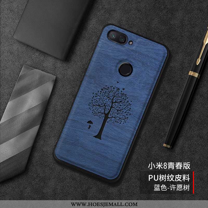 Hoesje Xiaomi Mi 8 Lite Siliconen Bescherming Leren Trend Mobiele Telefoon Boom Mooie Blauwe