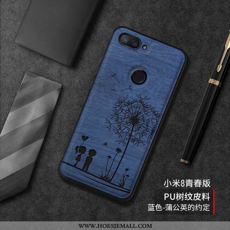 Hoesje Xiaomi Mi 8 Lite Siliconen Bescherming Leren Trend Mobiele Telefoon Boom Mooie Blauwe