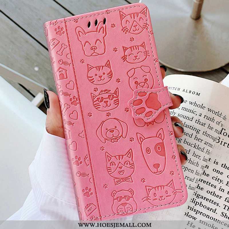 Hoesje Xiaomi Mi A3 Leren Spotprent Hoes Mobiele Telefoon Hond Kat Bescherming Roze