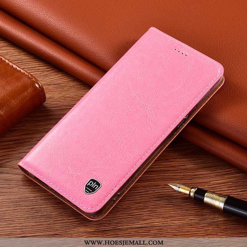 Hoes Xiaomi Redmi 9a Bescherming Echt Leer Hoesje Folio Mobiele Telefoon Anti-fall Rood Roze