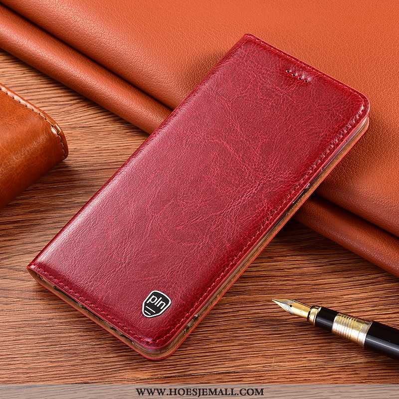 Hoes Xiaomi Redmi 9a Bescherming Echt Leer Hoesje Folio Mobiele Telefoon Anti-fall Rood Roze