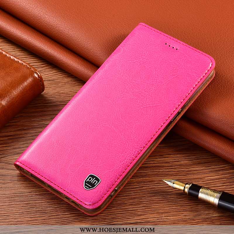 Hoes Xiaomi Redmi 9a Bescherming Echt Leer Hoesje Folio Mobiele Telefoon Anti-fall Rood Roze