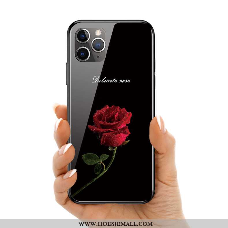 Hoes iPhone 11 Pro Max Bescherming Glas Zwart Siliconen Licht Roze Bloemen Zwarte