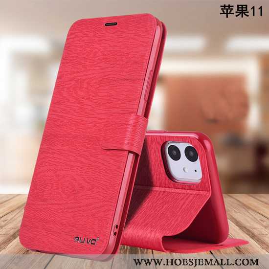 Hoes iPhone 11 Pro Max Bescherming Leren Hoesje Anti-fall Folio Rood Mobiele Telefoon Zacht Roos