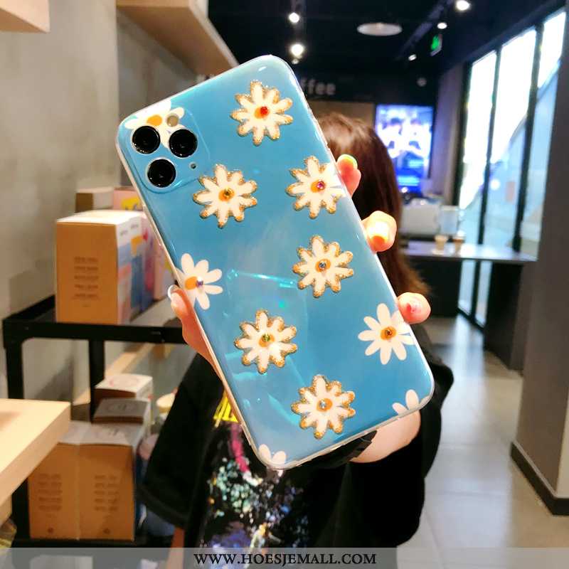 Hoesje iPhone 11 Pro Zacht Siliconen Bloemen Mobiele Telefoon Met Strass Blauw Blauwe