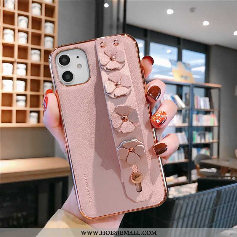 Hoesje iPhone 11 Bescherming Leren Bloemen Ondersteuning Licht Echt Leer Hoes Roze