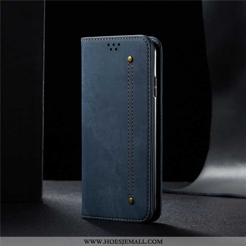 Hoes iPhone 11 Echt Leer Leer Anti-fall Hoesje Denim Patroon Mobiele Telefoon Zwarte