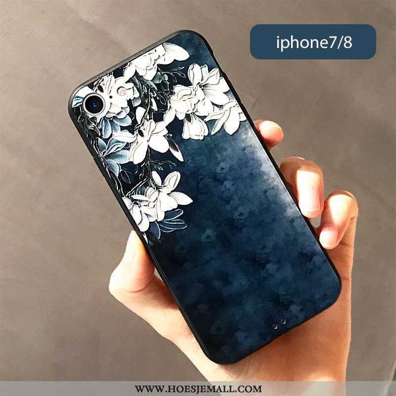 Hoes iPhone 7 Scheppend Reliëf Bescherming Persoonlijk Bloemen Vintage Donkerblauwe