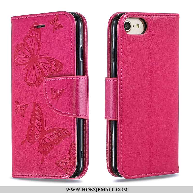 Hoes iPhone 7 Bescherming Leren Hoesje Rood Vlinder Mobiele Telefoon Effen Kleur Roos