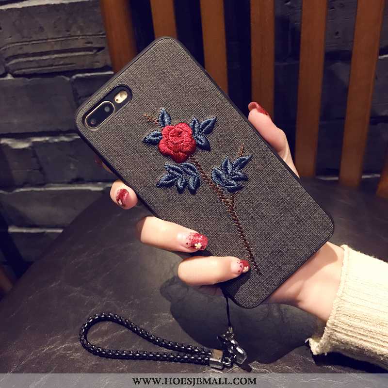 Hoes iPhone 8 Plus Zacht Borduurwerk Persoonlijk Zwart Mobiele Telefoon Bloemen Zwarte