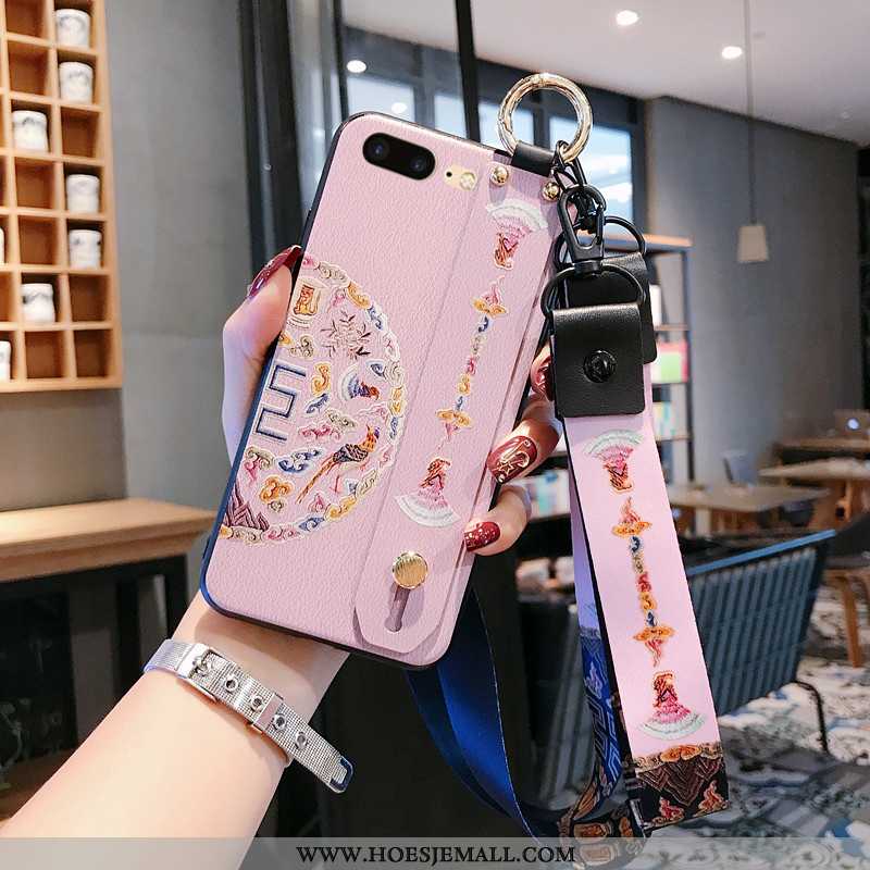 Hoes iPhone 8 Plus Opknoping Nek Vintage Hanger Reliëf Mobiele Telefoon High End Hoesje Roze