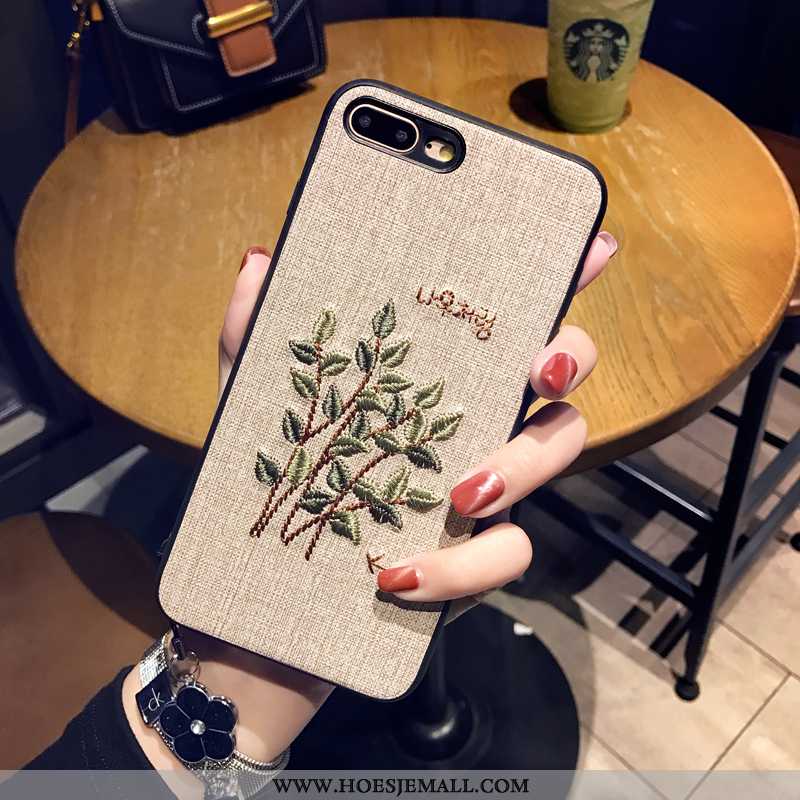 Hoesje iPhone 8 Plus Hanger Scheppend Anti-fall Borduurwerk Hoes Mobiele Telefoon Beige