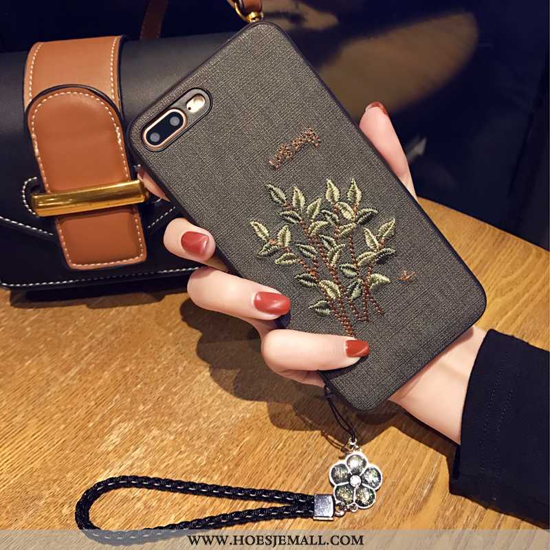 Hoesje iPhone 8 Plus Hanger Scheppend Anti-fall Borduurwerk Hoes Mobiele Telefoon Beige