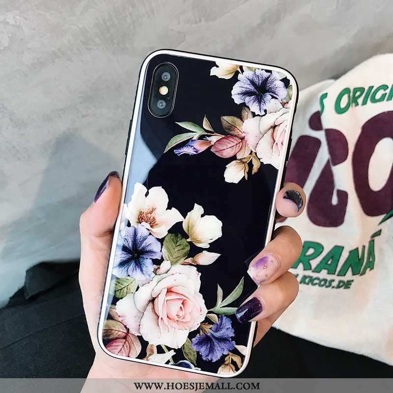 Hoes iPhone X Siliconen Glas Tempereren Hoesje Bloemen Spiegel Zwarte