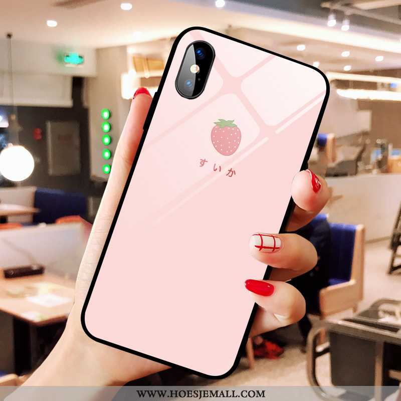 Hoesje iPhone X Glas Spotprent Net Red Eenvoudige Mobiele Telefoon Aardbei Mini Roze