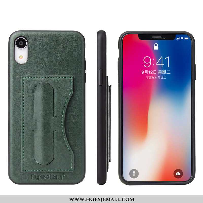 Hoesje iPhone Xr Bescherming Leren Kaart Eenvoudige Hoes Groen All Inclusive Turquoise