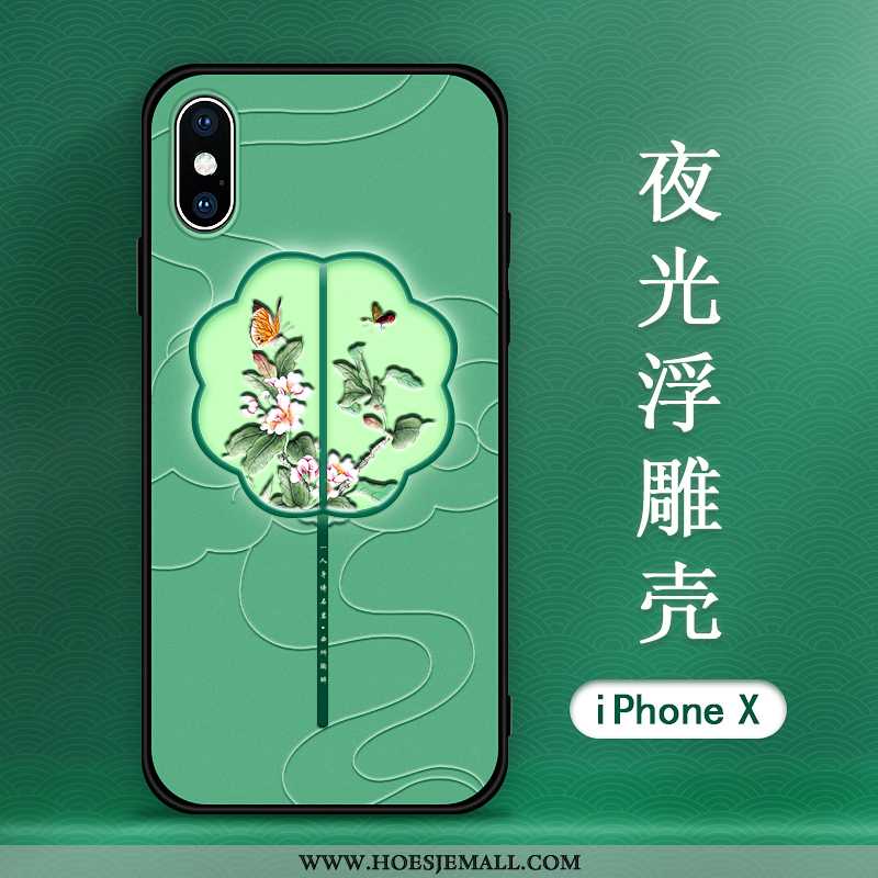 Hoesje iPhone Xs Max Bescherming Reliëf Elegante Trend Leer Anti-fall Patroon Groen