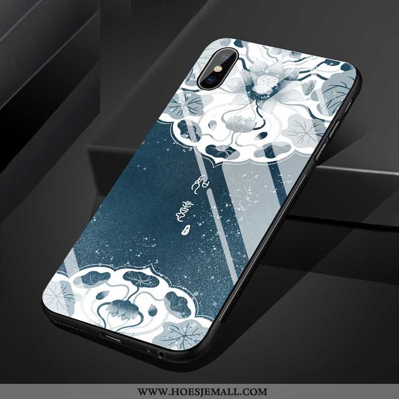 Hoes iPhone Xs Max Glas Zacht Kunst Bloemen Eenvoudige Mobiele Telefoon Hoesje Blauwe