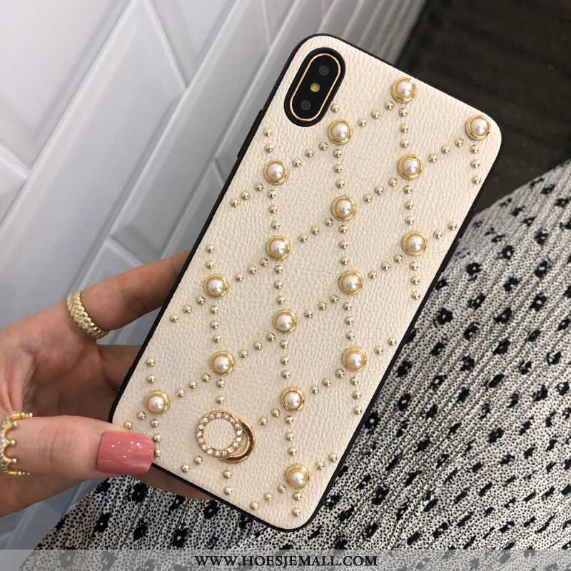 Hoes iPhone Xs Max Ketting Leren Hoesje Parel Wit Net Red Mobiele Telefoon Witte