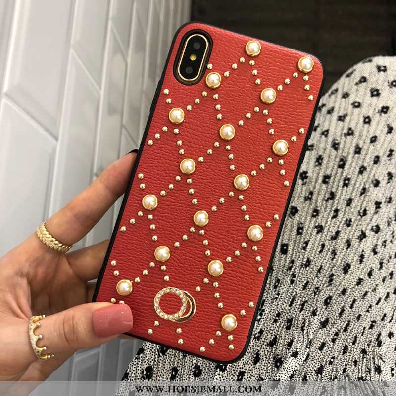 Hoes iPhone Xs Max Ketting Leren Hoesje Parel Wit Net Red Mobiele Telefoon Witte