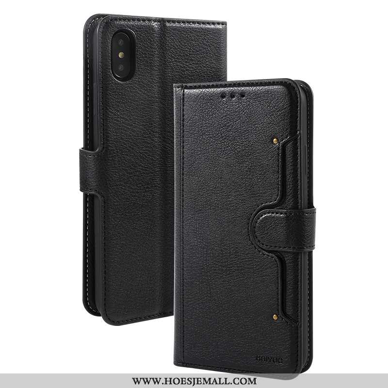 Hoes iPhone Xs Leren Hoesje Leer Anti-fall Mobiele Telefoon High End Kaart Folio Donkerblauwe