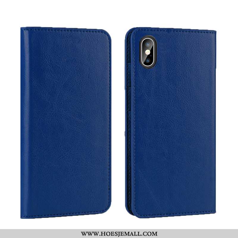 Hoesje iPhone Xs Bescherming Leren Donkerblauw Leer Bedrijf Anti-fall Mobiele Telefoon Donkerblauwe